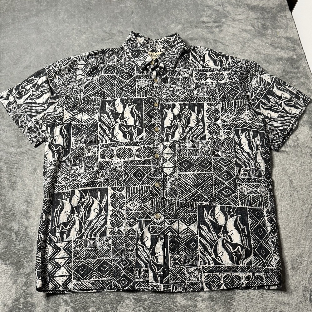 Vintage Cooke Street‎ Black Hawaiian Fish Print Tropical Shirt Mens Size Large